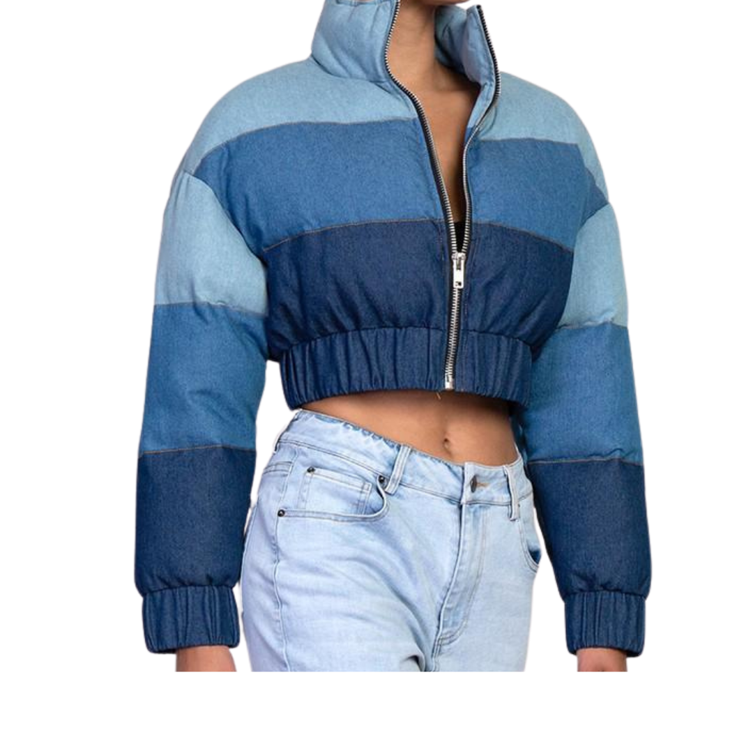 Colorblock Denim Puffer Jacket (Blue) – JELON